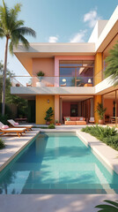 Organic Modernist Villa with Danish Pastel Aesthetic and Full-Glass Architecture