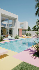 Fototapeta premium Organic Modernist Villa with Danish Pastel Aesthetic and Full-Glass Architecture