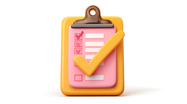 Clipboard with checkmark. 3d rendering isolated on white background. Cartoon plastic style icon Stock Illustration