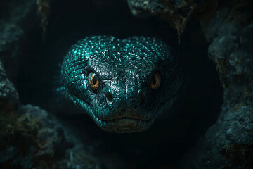 Close up of a dark green snake head with orange eyes emerging from a dark cave reptile