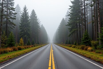 Obraz premium Misty Road Through Dense Forest in Nature's Tranquility