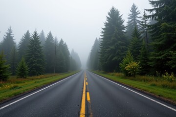 Naklejka premium Serene Road Through Misty Forest Landscape in Foggy Atmosphere