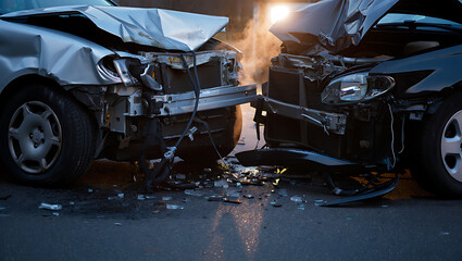 Head On Car Crash with Extensive Vehicle Damage Highlighting the Aftermath of Traffic Accident