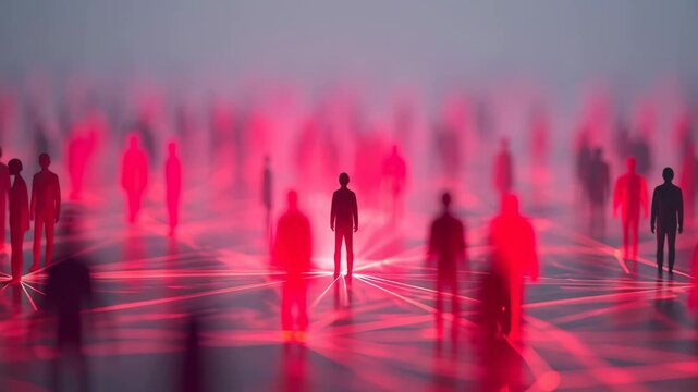 Network connection concept featuring red human figures linked by glowing lines illustrating harm reduction in social distancing