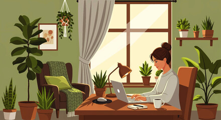 Fototapeta premium Cozy home office interior with a woman working on a laptop, surrounded by numerous green houseplants creating a biophilic workspace concept.