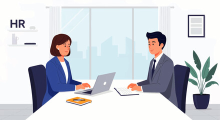HR manager conducting a job interview with a male candidate in a modern office. Recruitment and hiring process concept.