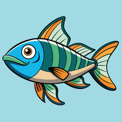 Cartoon fish with stripes swimming against a vibrant blue background