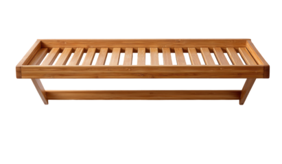 Light brown wooden wall-mounted shelf.  Long, rectangular shelf with slatted top and angled supports.  Simple, minimalist design