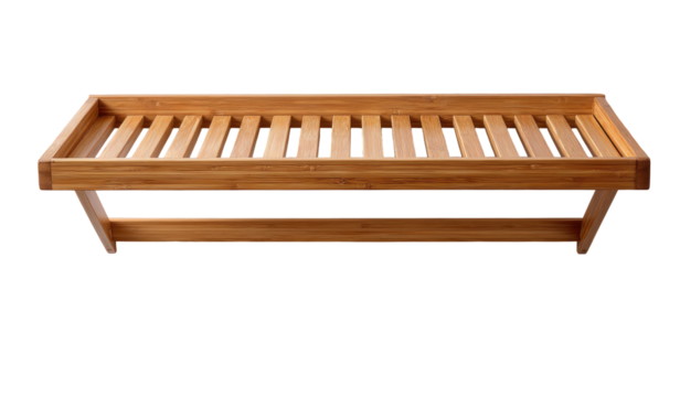 Light brown wooden wall-mounted shelf.  Long, rectangular shelf with slatted top and angled supports.  Simple, minimalist design