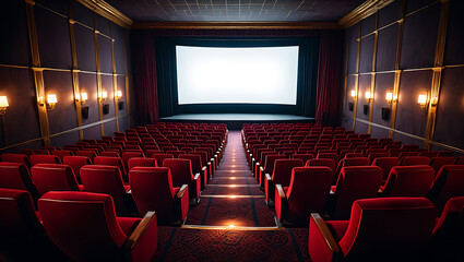 Fototapeta premium Interior of a Classic Movie Theater with Rows of Red Seats and a Large Blank Screen Ready for the Show