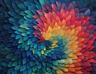 Abstract art, swirling pattern of layered, colorful, leaf-like shapes