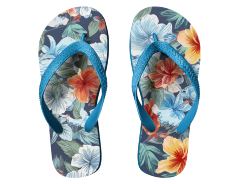 Blue flip flops with vibrant floral pattern flipflops footwear, Isolated, Png Transparent Background