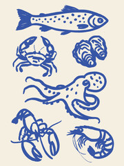 Seafood animals hand drawn sketch vector illustration