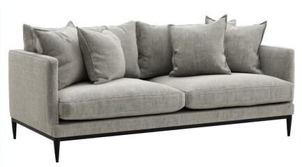 Fototapeta premium Light gray sofa with dark legs and multiple cushions