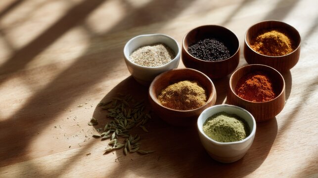Assorted spices in bowls on wooden surface cumin paprika turmeric fennel seeds