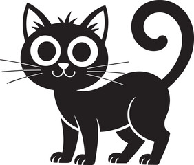 Stylized Black Cat Silhouette with Big Eyes and Curled Tail on Transparent Background Illustration