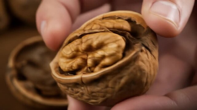 Close-up of a walnut cracking &ndash; details of the shell opening to reveal a fresh nut inside (Chestnut)