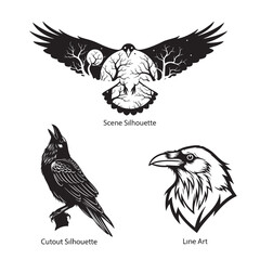 Assortment of Raven Art Styles featuring a Gothic Scene and Line Drawing
