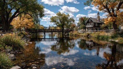 Obraz premium Autumnal town creek with bridge reflection