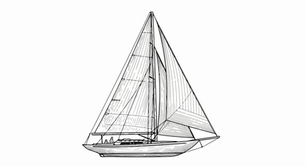 Hand-drawn vintage illustration of a classic sloop-rigged sailboat with full sails.
