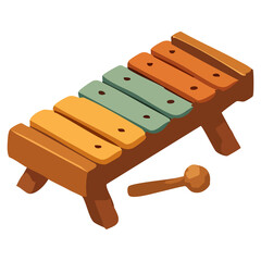 This is a colorful illustration of a wooden xylophone with multicolored keys and a single mallet placed beside it.