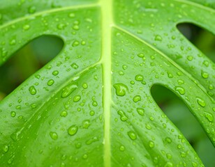 Vibrant monstera leaf glistening with fresh raindrops in lush tropical setting for wellness inspiration