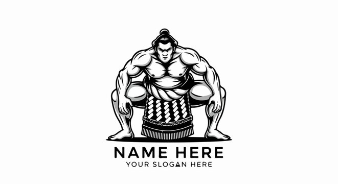 Powerful sumo wrestler in a squatting stance, a fierce black and white graphic illustration with a traditional topknot hairstyle.