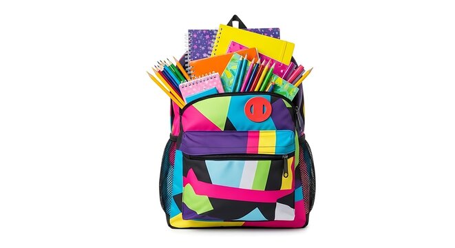 A colorful backpack filled with school supplies on a white background ready for a new school year