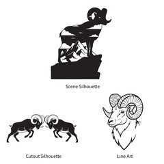 Assortment of Ram Art Styles featuring a Mountain Scene and Line Drawing