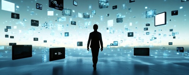 A silhouette of a person walking through digital screens and data