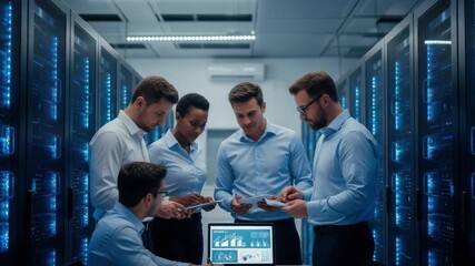 A diverse team of professionals collaborating in a modern data center analyzing data on a laptop and tablets surrounded by rows of servers highlighting teamwork and technology - Powered by Adobe
