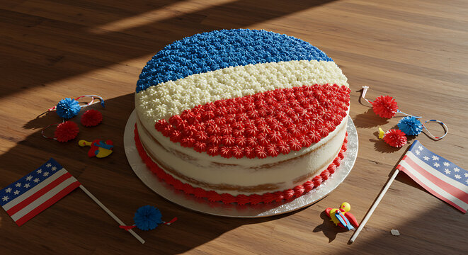 A festive homemade cake decorated with frosting in the national flag pattern. Placed on a rustic wooden table with small patriotic decorations around. Bright daylight, no human presence.

