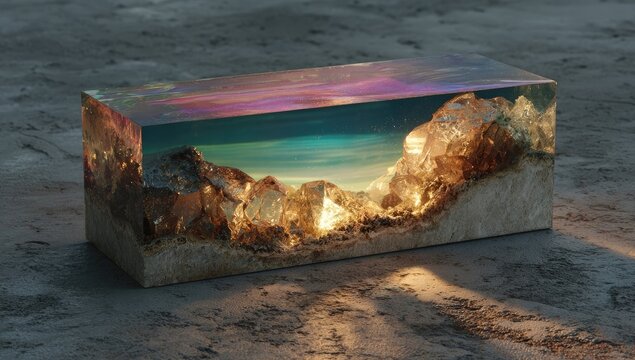 Resin-encased landscape box.  A rectangular block of resin, showcasing a sculpted landscape within.  Color variations of the resin highlight a scene of mountains and a sky with iridescent hues.  