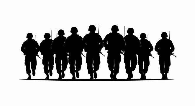 Black silhouette of a military squad of soldiers marching forward in formation with rifles.