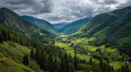 Fototapeta premium Mountain valley vista. Lush green valley nestled in rugged peaks. Cloudy sky overhead