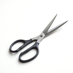 Pair of Black Handled Stainless Steel Scissors with Open Blades on a White Background cutting tool