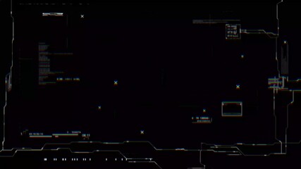 A futuristic heads-up display (HUD) with glitchy digital data and corrupted UI elements on a black background. Ideal for sci-fi, cyberpunk, or technology-themed projects. - Powered by Adobe