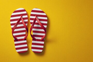 Red and white striped flip-flops on a bright yellow surface