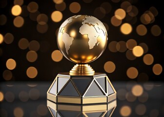 Golden Earth Globe on Octagonal Pedestal with Bokeh Lights