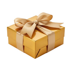 Elegant gold gift box with ribbon bow cutout isolated on transparent bg, png