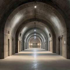 Obraz premium Long, arched concrete tunnel. Empty, lit corridor