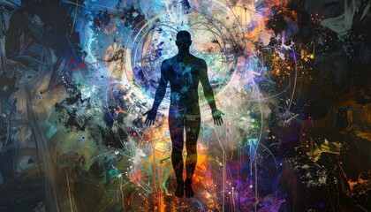 Shadowy human figure behind frosted glass with distorted textures and ghostly outlines, emotional digital abstract art evoking fear, confusion, or detachment.