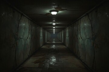 Dark, abandoned hospital corridor; distant light; damp floor; horror game asset