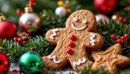 Festive Gingerbread Man Cookie Surrounded by Christmas Decorations
