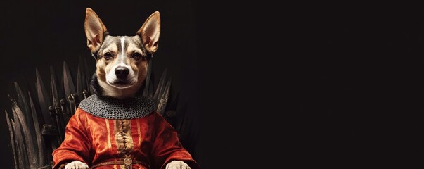 A regal canine sits upon an elaborate iron throne