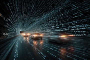 Cars speeding through a digital tunnel of binary code