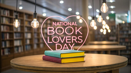 Book Lovers Day Neon Typography with Ambient Lights and Books