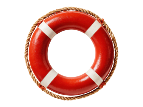 Bright red circular flotation device with thick rope lifebuoy safety, Isolated, Png Transparent Background