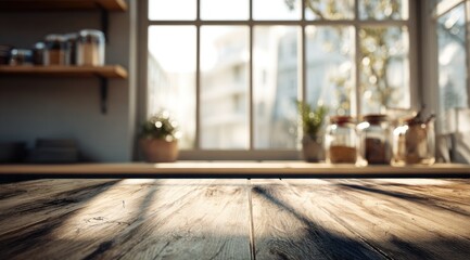 Wooden kitchen countertop, sunlight through a large window