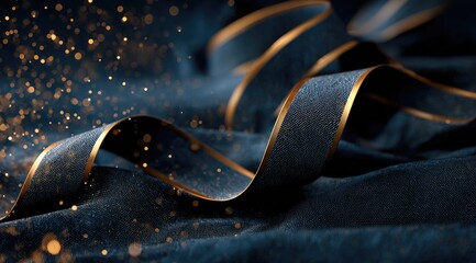 Dark navy blue ribbon, gold trim, swirling,  on textured fabric,  sparkle